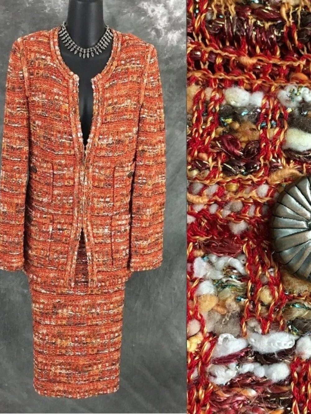 BEAUTIFUL St John knit orange shimmer multi jacket skirt suit size 10
